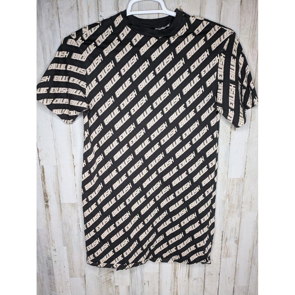 Billie Eilish T Shirt Long Size XS Divided by H&M Black Beige‎ All Over Spellout